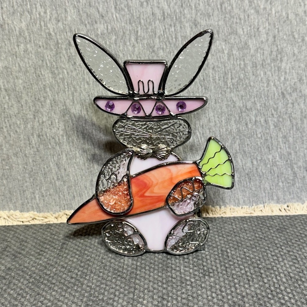 Stained Glass Bunny Rabbit Votive Candle Holder Easter Decor Pink Carrot Hat